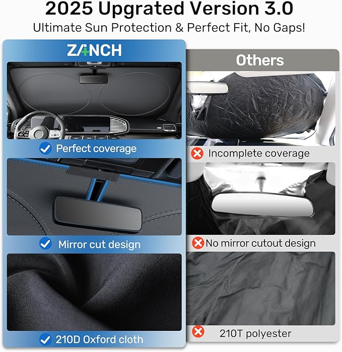 2025 Upgraded Zanch Car Front Windshield Sun Shade - Ultimate UV Protection & Heat Reductionlinnovative No-Light Leakage Technology|Foldable Design for SUV/Small Truck, Large(64" x 34")