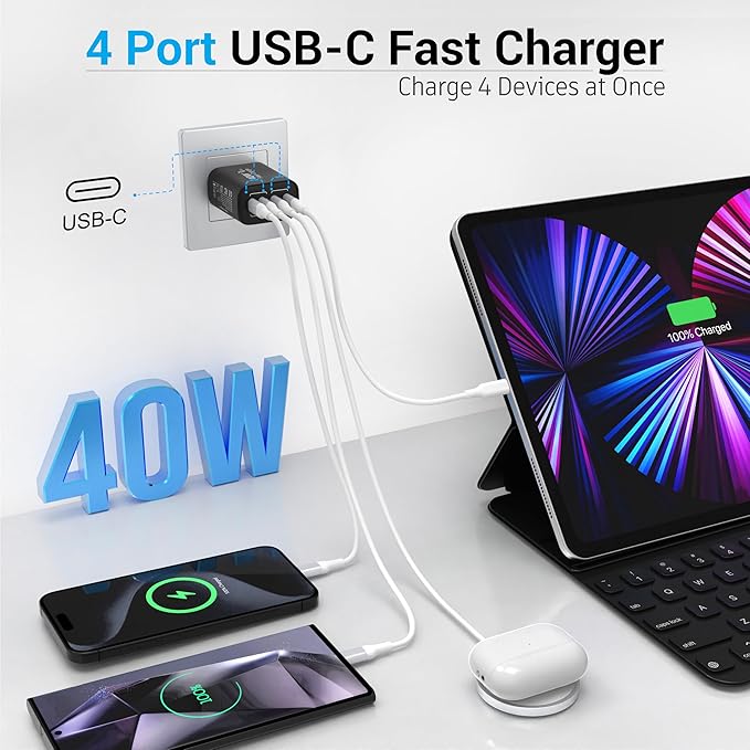 40W USB C Charger Block, 2-Pack, 4 USBC Ports, Type C Wall Plug USB-C Fast Charging, iPhone Charger Adapter Box Cube for iPhone 17,17 Pro, 17 Pro Max,16, 15, 14, 13, 12, Samsung Phone-Black
