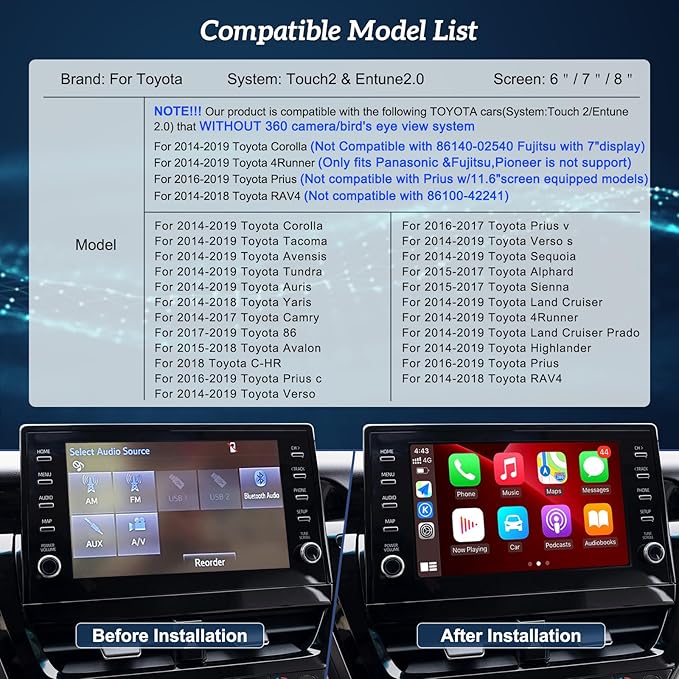 Geloo Wireless Carplay Android Auto Adapter Retrofit Kit Decoder for Toyota withTouch2 & Entune 2.0 System 2014-2019, Fit for RAV4/Corolla/Tacoma/Tundra/Highlander/Verso/Avalon/Sienna/Priu