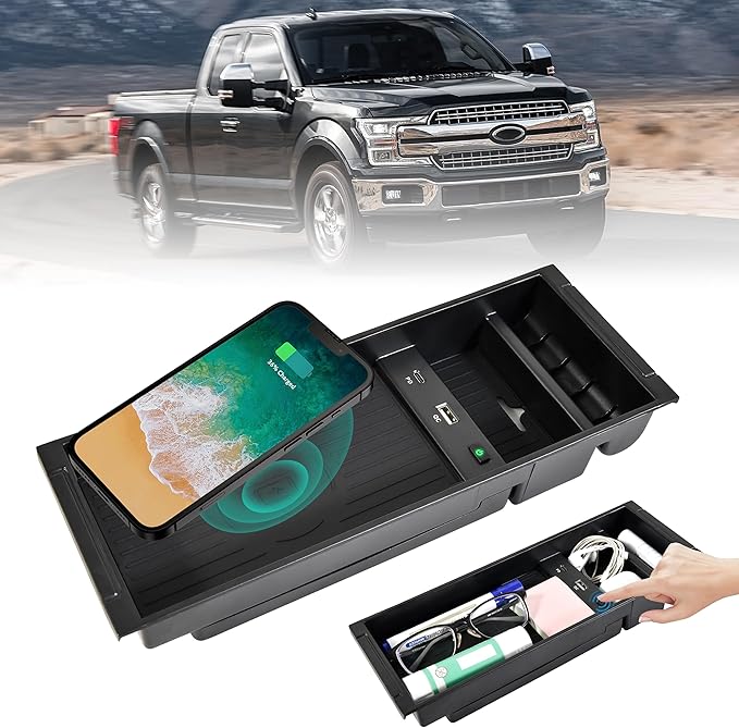 KEWISAUTO F150 Center Console Organizer with Wireless Charger, USB-A USB-C Center Console Tray Fast Wireless Charger for 2009-2020 2021 2022 2023 Ford F-150 F150 Accessories