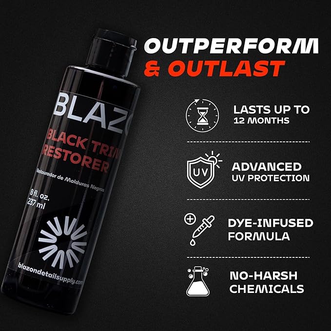 BLAZON Black Trim Restorer – Dye-Infused Plastic Restorer for Faded Exterior Trim, Deep Black Finish, Scratch Correction, Long-Lasting Durability & UV Protection - 4 oz