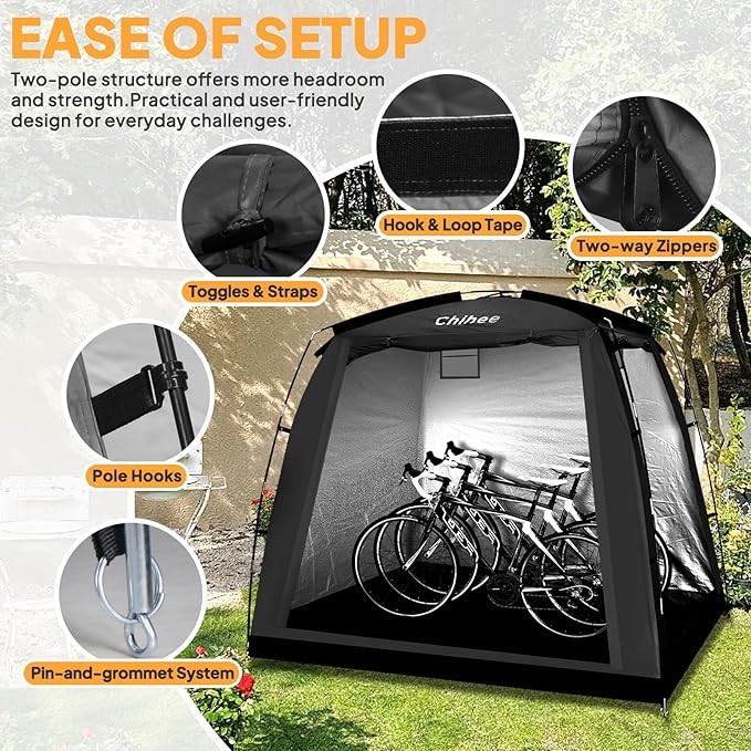 Chihee Bike Covers Shelter Bicycle Storage Sheds Travel Bike Tent Portable Waterproof Bicycle Cover for 2-3 Bikes 2 Doors Outdoor Storage for Motorcycle Garden Tools Lawn Mower All Seasons Easy Setup