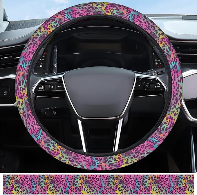Elastic Car Steering Wheel Cover, Universal 15 inch Non-Slip Breathable Neoprene Steering Wheel Protector, Car Accessories for Women Men Fit Auto, Suvs, Truck Colorful Leopard Print