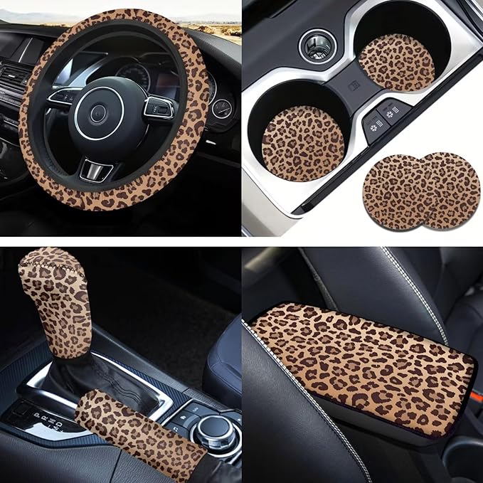 Leopard Print Car Steering Wheel Cover 6pcs Brown Cute Car Accessories Handbrake Cover Cup Coaster Suit for Most Cars Truck Vans SUV