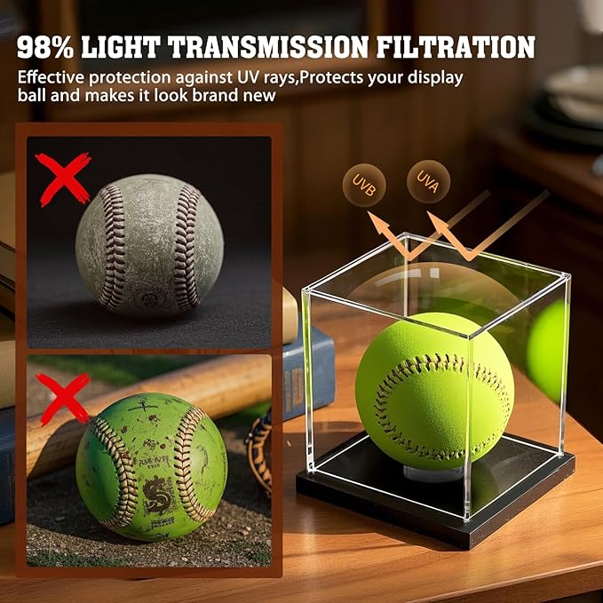 Softball Display Case, Clear Acrylic Cube Softball Case, UV Protected Ball Holder Showcase, Softball Stand Box for Signed Balls Memorabilia