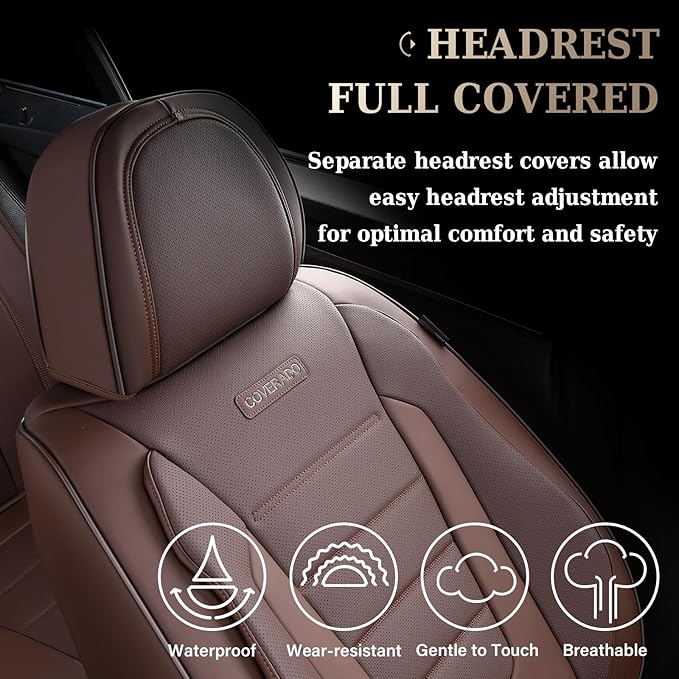 Coverado Car Seat Covers Full Set, Nappa Leather Seat Covers for Cars, Car Seat Protector Car Seat Cushion, Front and Back Seat Protectors Cushions Universal Fit for Most Cars Vehicles(Brown)