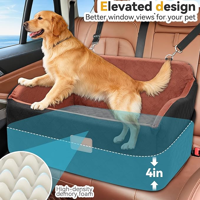 Dog Car Seat for Medium/Large Dogs, Memory Foam Pet Booster Seat for Under 55 lbs or 2 Small Dogs, Detachable Dog Car Bed for Backseat with 2 Safety Leashes and Pockets(Black/Brown, Large)