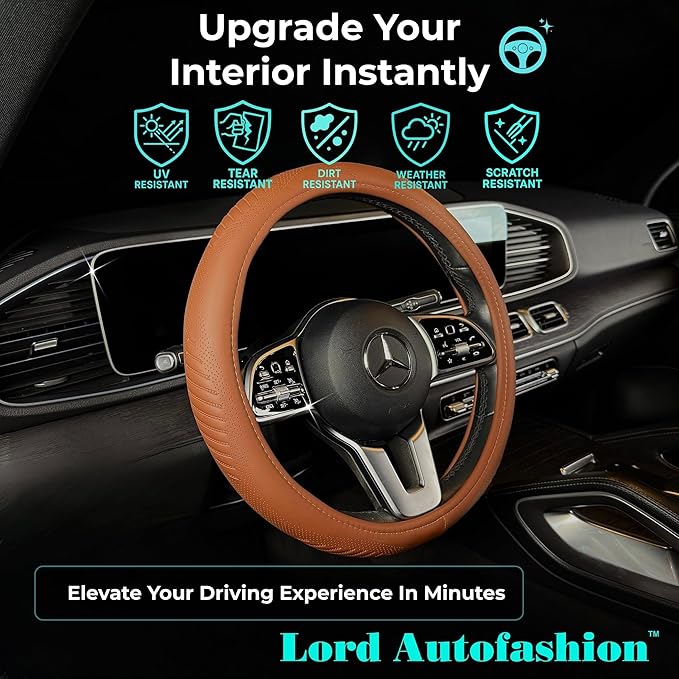 Lord Autofashion Steering Wheel Cover – PU Leather, Non-Slip Rubber Inner, All-Season Comfort – 14.5–15 Inch (Tan 9356)
