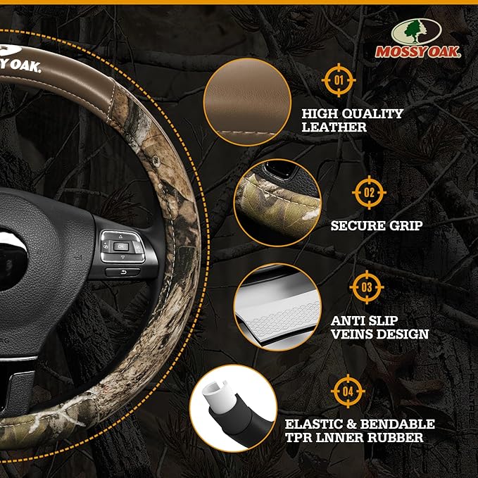 Mossy Oak Camo Steering Wheel Cover, Durable Grip Car Steering Cover, Universal Fit 14.5"–15.5" - Made with Premium Beige PVC Leather and Cotton Fabric, Anti-Slip - Official Licensed Product