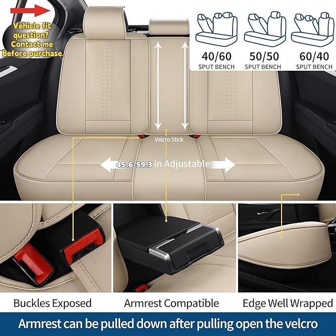Chezope Car Seat Covers Full Set, Beige Leather Seat Covers, Breathable Front and Back Car Seat Protectors, Wear-Resistant Seat Covers Universal Fit for Most Cars SUV Truck (Beige-Solid, Full Set)