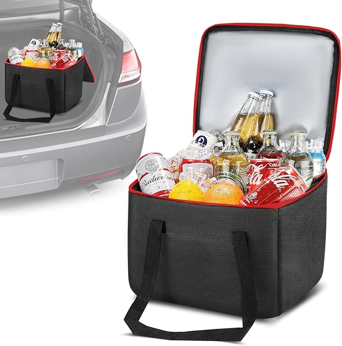 Portable Soft Cooler Bag, Collapsible Insulated Leak-Proof Car Cooler Bag, Insulated Ice Chest with Waterproof Zipper, Leak-Proof Organizer for Cars, Fits Most Vehicles, Red
