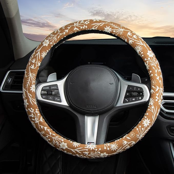 Brown Japanese Style Flower Steering Wheel Cover Auto Embroidery Steering Wheel Protector, Anti-Slip, Breathable, Absorbing Sweat, Universal Car Accessories 14.5–15 inch,Fit for Most Car, Trucks, SUV