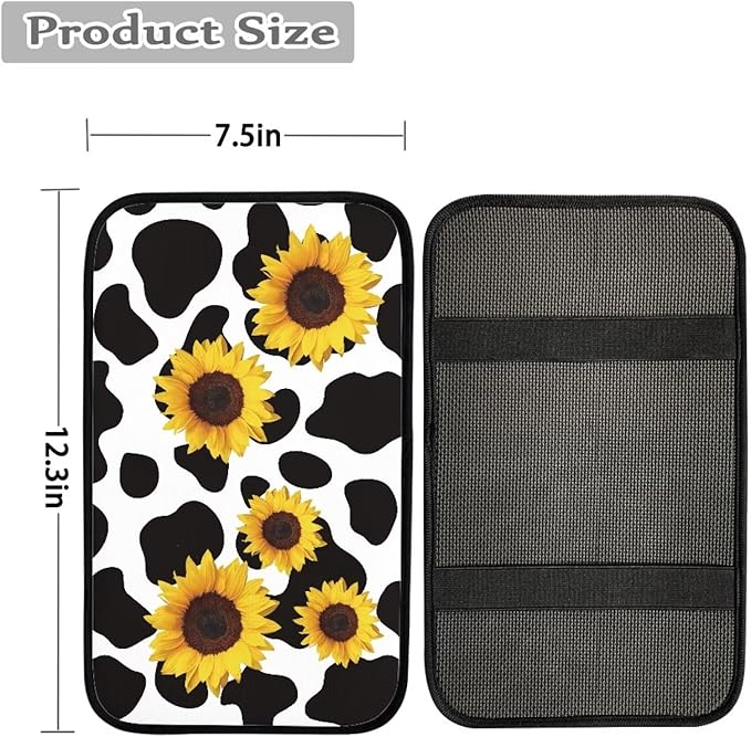 Dreaweet Sunflower Cow Print Car Armrest Cover Center Console Arm Rest Box Pad Mat Cute Car Accessories for Women Girls,Universal Fit SUV