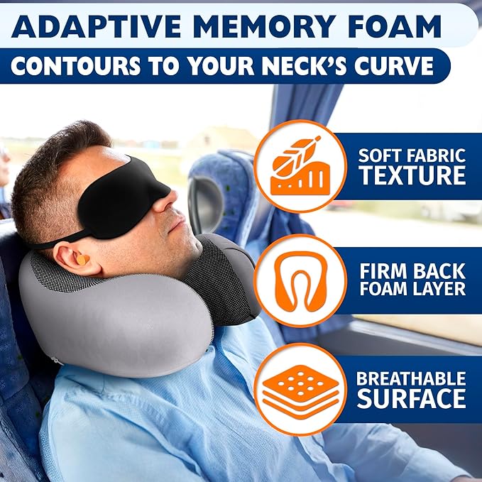 Plane Neck Pillow for Long Flights – 4-in-1 Set | Adjustable Memory Foam Gray Airplane Pillow Neck Support, Eye Mask, Earplugs, & Cover | Soft Washable Cotton Cover, Button Closure – Comfort Traveling
