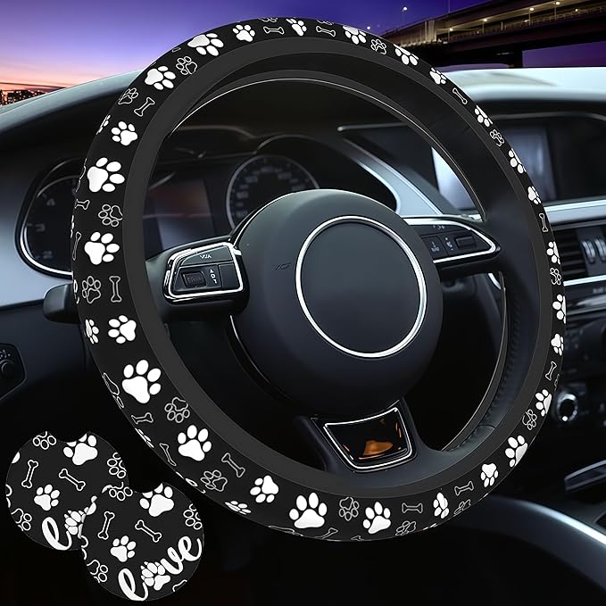 Paw Print Steering Wheel Cover - Dog Paw Print Steering Wheel Cover Dogs Prints Anti-Slip Breathable Universal for 15 Inch Car with 2 Pieces Car Coasters for Men/Women