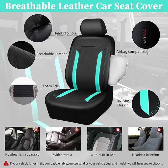 CAR PASS Black Mint Leather Car Seat Covers Full Set, Luxury PU Seat Covers for Cars, Waterproof Car Seat Protector Anti-Slip Seat Cushion Airbag Compatible for SUV Pick-up Truck Sedan, Mint Blue