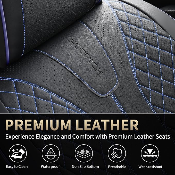 FLORICH Automotive Car Seat Covers Front Seat, Leather Car Seat Cover 2 Pack Waterproof Front Seat Covers Full Coverage Driver Seat Protector Universal Fit for Most Cars SUV Trucks, Black&Blue Line