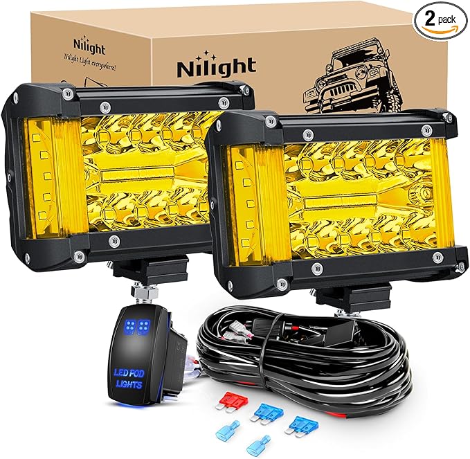 Nilight Side Shooter LED Light Bar 2PCS 4.3Inch Triple Row Spot Flood Combo Yellow Beam Lighting with 5Pin Rocker Switch Wiring Harness Kit for Off Road Light on Truck SUV ATV UTV