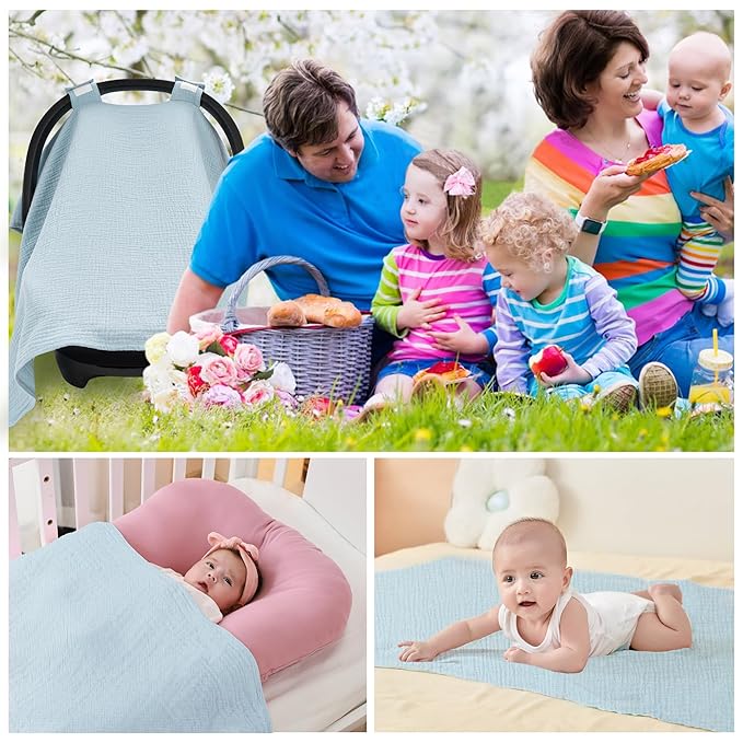 SERAPHY 100% Muslin Cotton Car Seat Cover Baby, 2 Pack Universal Carseat Covers Baby Boy Girl, Breathable Car Seat Canopy, Soft Infant Car Seat Cover for Summer and Winter—2 Pcs Blue&Flowers