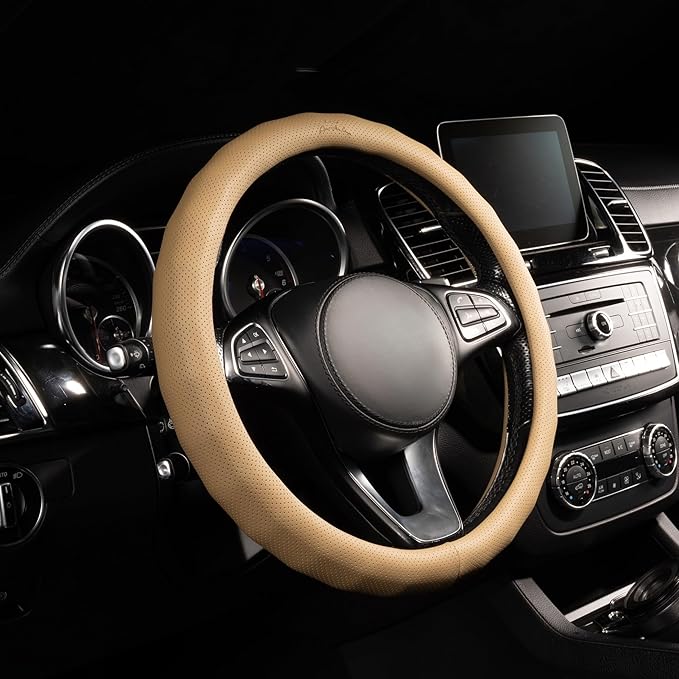 Lord Autofashion Steering Wheel Cover – PU Leather, Non-Slip Rubber Inner, All-Season Comfort – 14.5–15 Inch (Beige 8571)