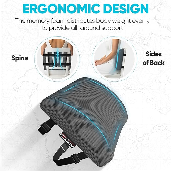FORTEM Lumbar Support Pillow for Office Chair, Lumbar Support Pillow for Car, Back Rest for Gaming, Memory Foam Pillow, Desk Chair Cushion, Breathable & Washable Cover, Adjustable Straps