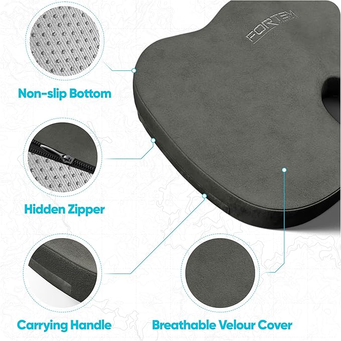 FORTEM Seat Cushion, Office Chair Cushion, Desk Chair Memory Foam, Sciatica Coccyx Tailbone Pain Relief, Pressure Relief, Sitting Pad, for Long Gaming & Sitting, Washable Cover, Non Slip