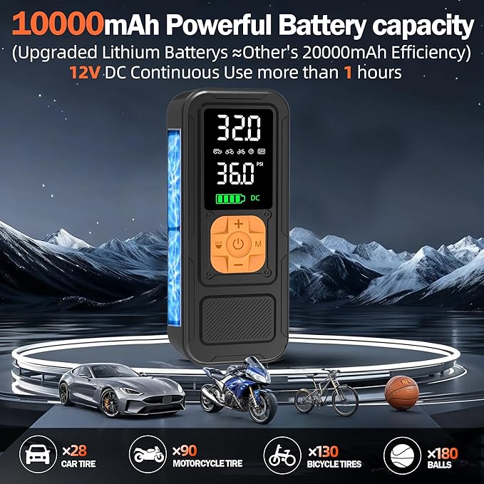 Y34 Tire Inflator Portable Air Compressor,4X Faster Inflation,10000mAh Cordless/12V DC 150PSI Air Pump for Car Tires with Digital Pressure Gauge/LED Light for Car,Motorcycle,Bike,Ball