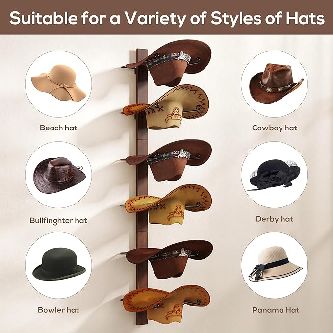Cowboy Hat Holder, 3-Piece Wall Mount Cowboy Hat Rack for Wall Holds up to 6 Hats – Wooden + Metal Rustic Western DIY Hat Racks for Wall Storage and Home Décor