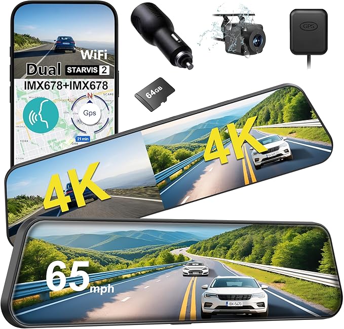 Dual Sony STARVIS 2 IMX678 Sensors 4K+4K Mirror Dash Cam Front and Rear, 12" Smart Rear View Camera with ADAS Blind Spot Detection, Super Night Vision HDR, 5G WiFi GPS, 64GB, 24H Parking
