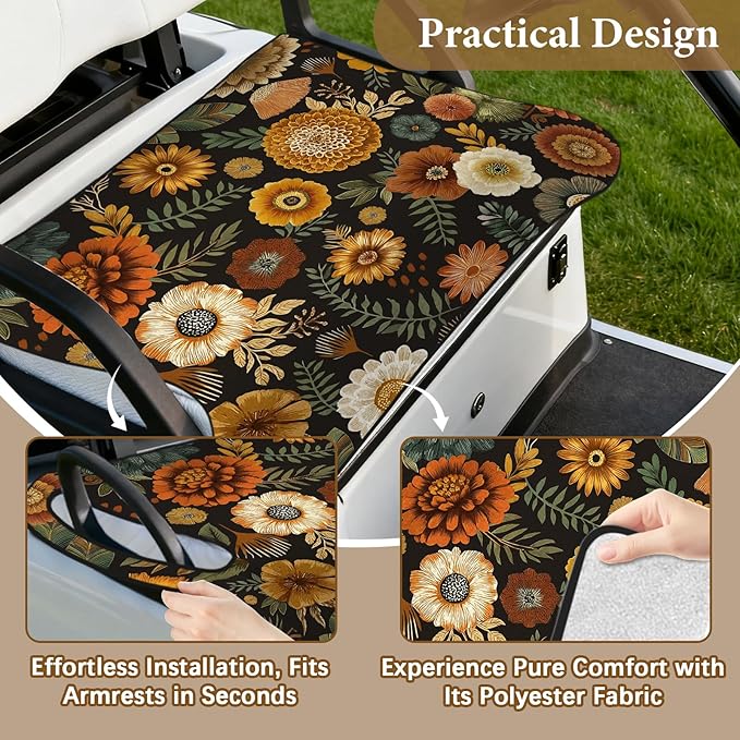 Orange Golf Cart Seat Covers, Flower Golf Cart Seat Towel Blanket Club Car for Golf Lover, Golf Cart Accessories, Keep Seat Comfortable and Cool for 2-Seat Golfs Carts,Gifts for Christmas Thanksgiving