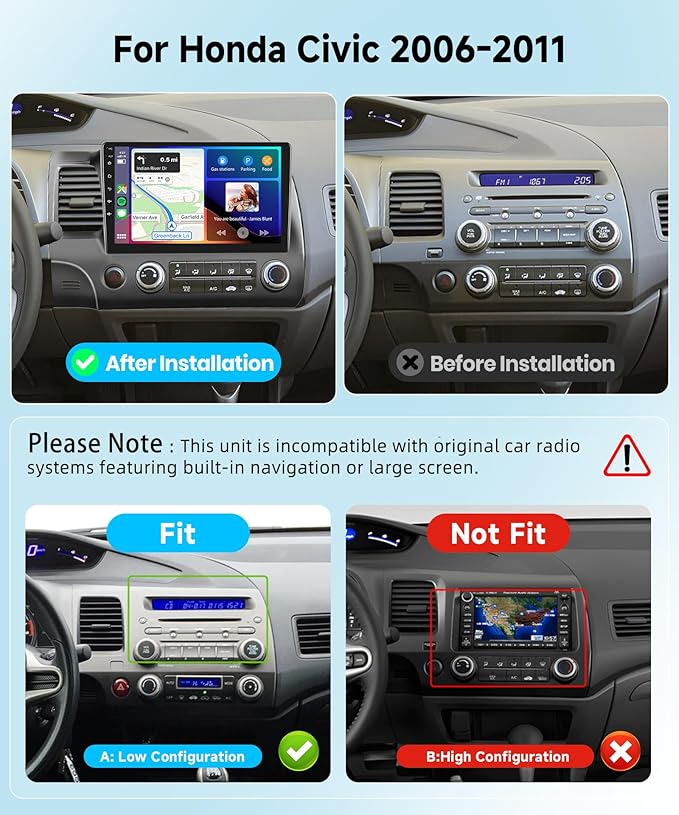 8 CORE 6G+128G Car Stereo Radio for Honda Civic 2006-2011 with Wireless CarPlay Android Auto, 10.1 Inch 1280 * 720P IPS Touch Screen Head Unit Android 13 GPS WiFi Bluetooth 32-Band DSP SWC HD Camera