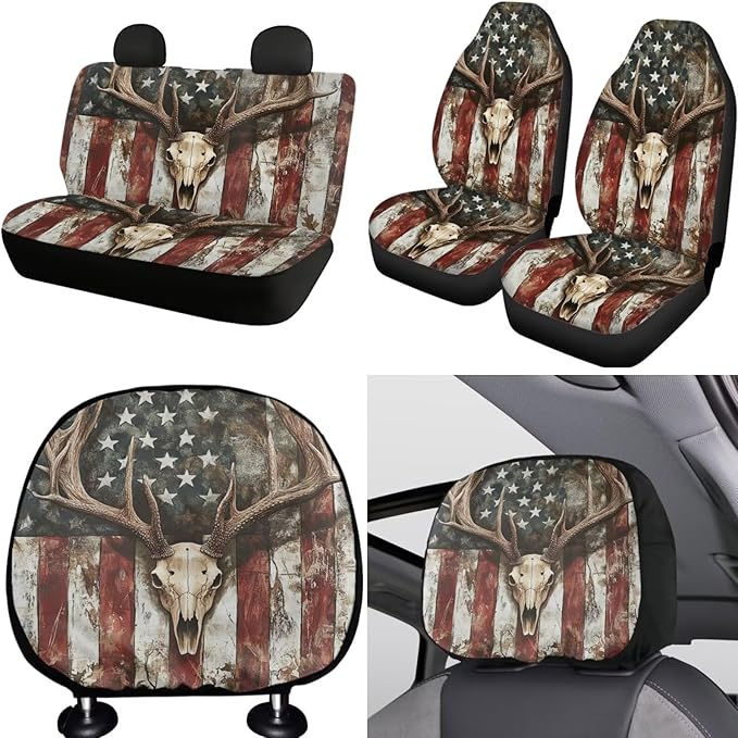 FKELYI American Flag Car Seat Cover Set, Skull Deer Gear Shift Knob, Handbrake, Steering Wheel, Cup Holder Coasters, Headrest