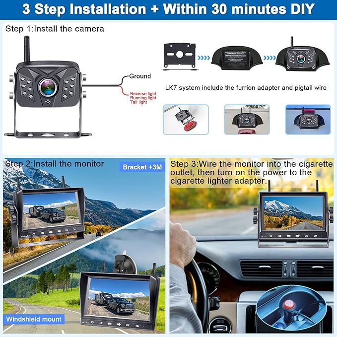 HD 1080P 7 inch RV Wireless Backup Camera: 15-Min Easy Install Clear Night Vision 4 Channels Recording Touch Key Monitor Rear View Camera for Furrion Pre-Wired RVs Travel Trailers Camper Truck
