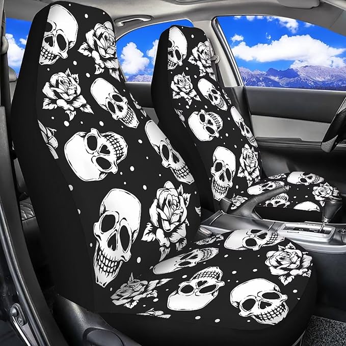 Skull Floral Car Seat Covers Set of 2 Breathable Universal Vehicle Front Seats Interior Protector Easy to Install Interior Protection Suitable Fits Most Car Auto SUV Sedan Truck