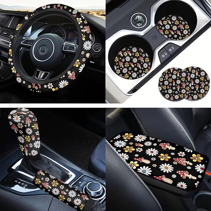 Mushroon Car Accessories 6 Pcs Sets for Men Women Many Flower Cute Car Steering Wheel Cover Cup Coaster Handbrake Cover Suit for Cars Truck Vans SUV