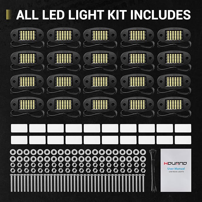 Hovano 20 Pods White Rock Lights 6000K Pure White 36 LEDs SMD Chips Super Bright Neon Underglow Light IP68 Waterproof for Pickup Trucks SUV UTV ATV RZR Car Boats (White)