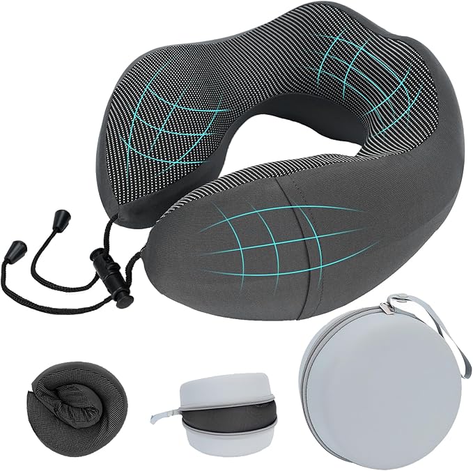 Travel Neck Pillow for Airplanes,100% Memory Foam Neck Support Pillow,Ergonomic U-Shaped 360° Neck Support,Portable with Storage Box,for Flight,Car,Train,Office & Home (Dark Gray)