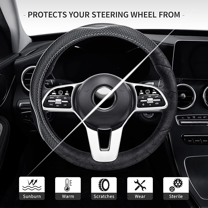 GXT Steering Wheel Cover, PU Leather, Universal 15 Inches, Non-Slip, Odourless Car Interior(Black White)