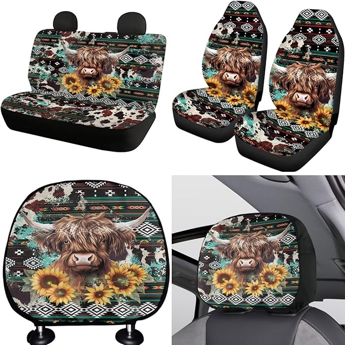 FKELYI Aztec Cattle Anti-Slip Car Seat Cover Steering Wheel Cover, Sunflower Seat Cushions, Gear Shifter Knob and Handbrake Cover, Headrest Covers, Cup Coasters