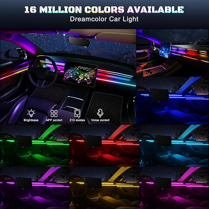 Dreamcolor Acrylic Interior Car LED Strip Light with USB/Type C/4-Port Cigarette Lighter,RGB 6 in 1 with 187 inches 650 LEDs Ambient Lighting Kits, Sound Active Function Neon Led Strips for Car