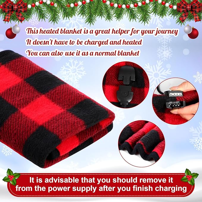 Tuanse 16 x 16 Inches Car Electric Blanket 12 Volt Heated Car Blanket with Temperature Controller and Black Storage Bag Cold Weather Tailgating and Emergency Kit(Red Black,Squares)