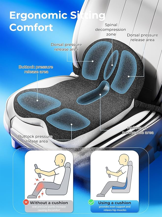 Car Seat Cushion - Memory Foam L-Shaped with Lumbar Support & Anti-Slip Design for Long Driving Comfort