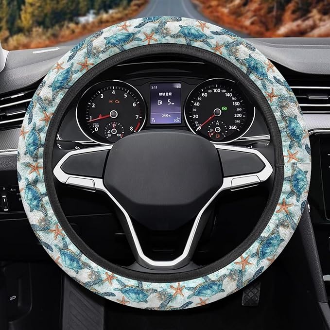 AFPANQZ Steering Wheel Cover for Women, Turtle Starfish Print Sweat Absorbing Non-Slip Steering Wheel Protection Case Machine Washable Elastic Flexible Universal 14 to 15 inch