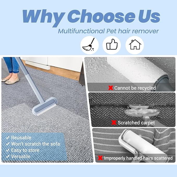 Pet Hair Remover, 4 in 1 Multifunctional Pet Hair Removal Tool for Dog and Cat, Resuable Long Handle Fur Remover with Dual-Sided Cleaning Brush, Washable Fur Brush for Furniture,Couch,Carpet,Clothes