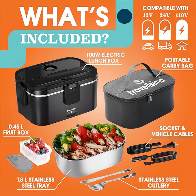 TRAVELISIMO Extra-Large Electric Lunch Box For Adults Holds up to 8 Cups - 100W Heated Lunch Box For Men 1.8L, Portable Food Warmer for Travel & Work, Loncheras Electricas Para Calentar Almuerzo