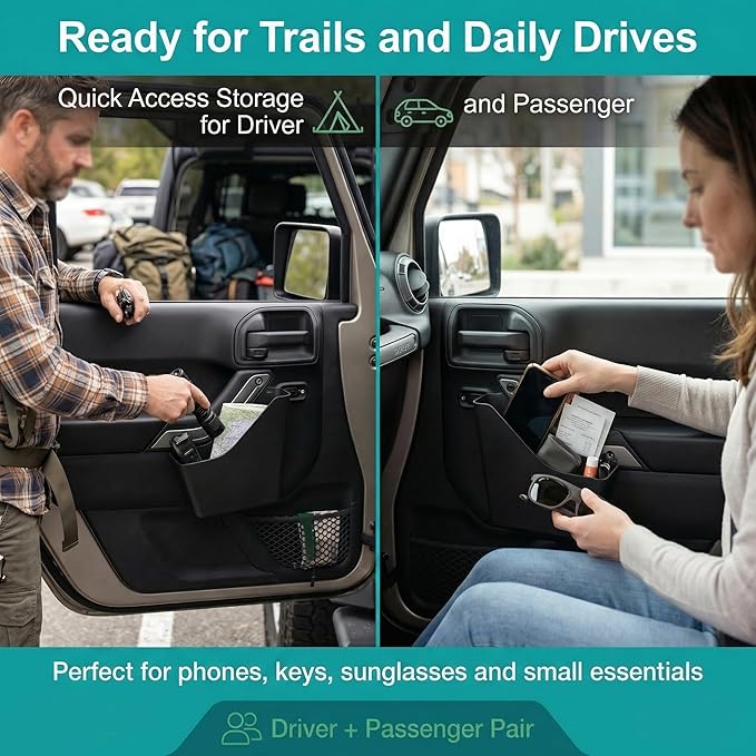 Front Door Grab Handle Pocket Organizer Compatible with 2011-2018 Jeep Wangler JK JKU Rubicon Sahara 2/4-Doors Accessories, Door Side Hanging Storage Box Expansion Accessories