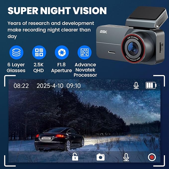 2.5K Dash Cam Front and Rear with 64GB Card, Car Camera with 3.39" IPS Screen, WDR Night Vision, Parking Monitor, G-Sensor Dash Camera