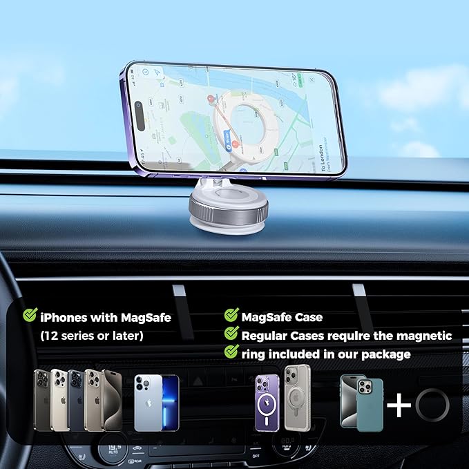 Vacuum Magnetic Phone Holder for Car 360° Adjustable Magsafe Car Mount - Compatible All Smart Device Phone Mount, Secure GPS & Call, Magsafe Accessories & Car Stuff (White)