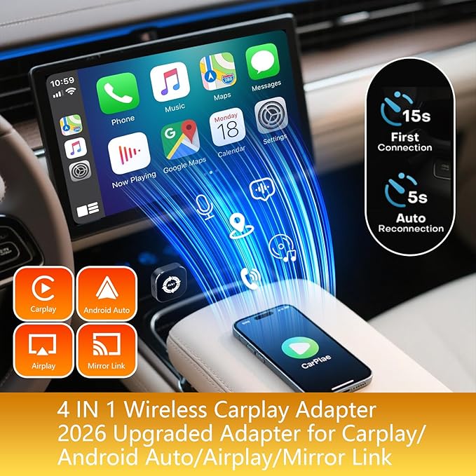 4 in 1 Wireless Carplay Adapter 2026 Upgrade, Ultra-mini Size USB Design Wired to Wireless Adapter for Apple Carplay & Android Auto & Airplay & Mirror Link, Plug and Play (Black)