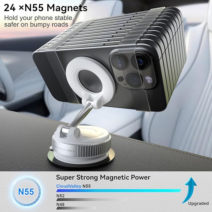 CloudValley Magnetic Car Phone Mount, [Compatible with MagSafe] 360° Adjustable Foldable Holder for Dashboard, 80LBS Suction & 2800gf Magnet, Car Accessories for iPhone 16 Pro Max 15 14, White